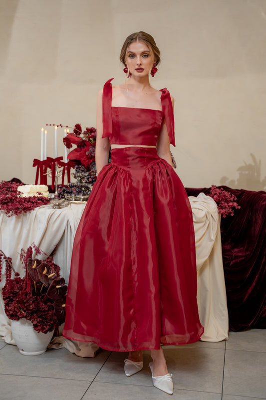 DOMIKA Sleeveless Bow Midi Dress with Drop Waist Shirred Skirt (Maroon Cloud Organdy)