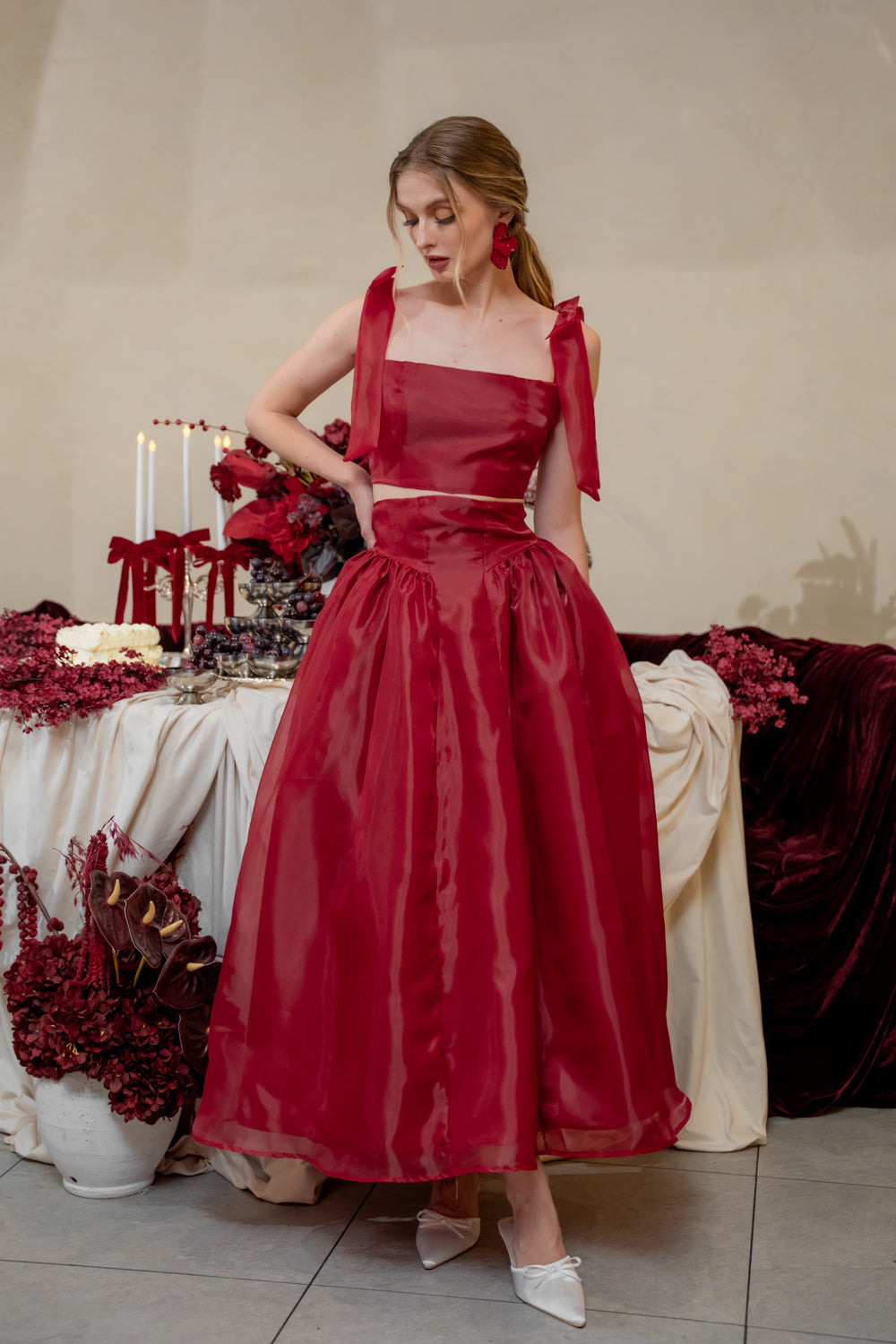DOMIKA Sleeveless Bow Midi Dress with Drop Waist Shirred Skirt (Maroon Cloud Organdy)