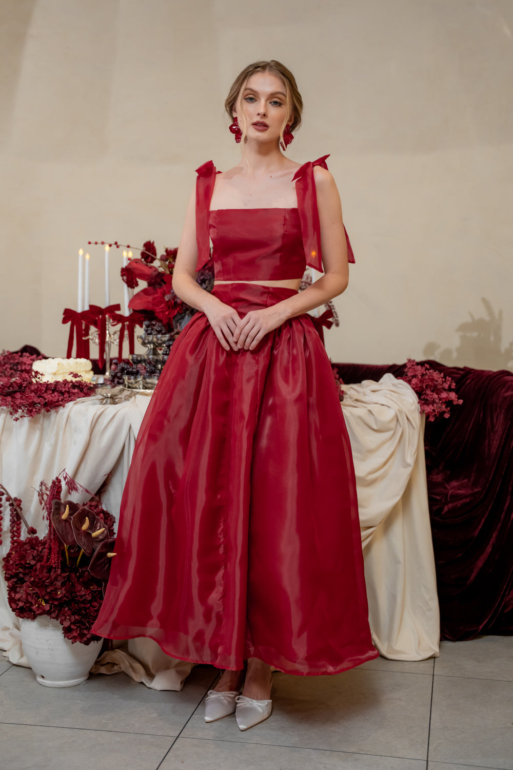DOMIKA Sleeveless Bow Midi Dress with Drop Waist Shirred Skirt (Maroon Cloud Organdy)