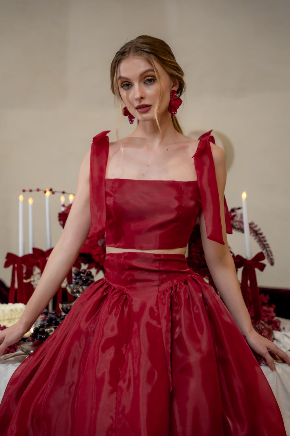 DOMIKA Sleeveless Bow Midi Dress with Drop Waist Shirred Skirt (Maroon Cloud Organdy)