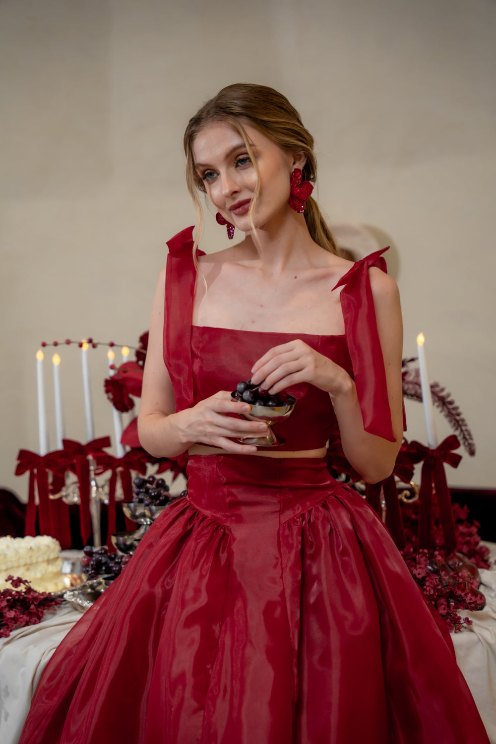 DOMIKA Sleeveless Bow Midi Dress with Drop Waist Shirred Skirt (Maroon Cloud Organdy)