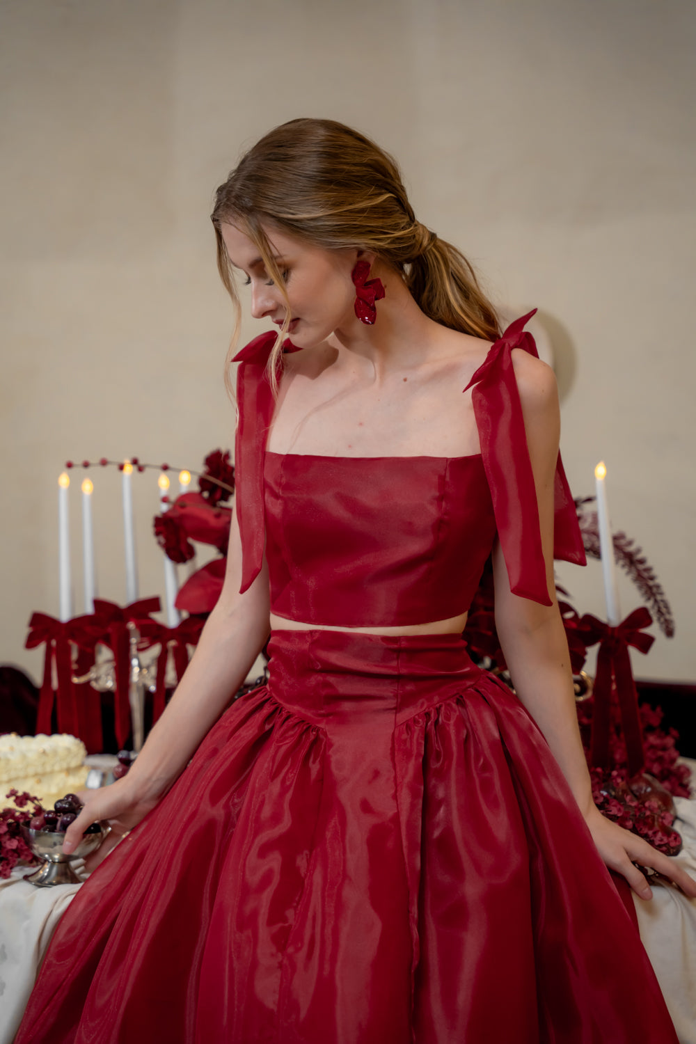 DOMIKA Sleeveless Bow Midi Dress with Drop Waist Shirred Skirt (Maroon Cloud Organdy)