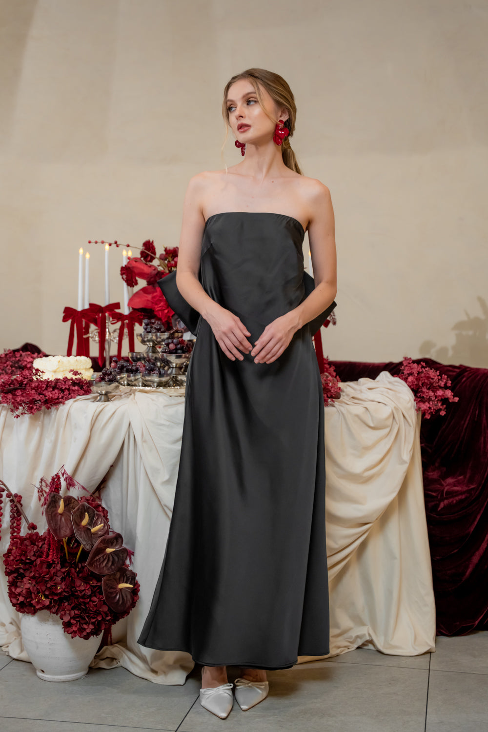 CORDELIA DRESS Bow Back Strapless Silk Midi Dress (Black Silk Crepe)