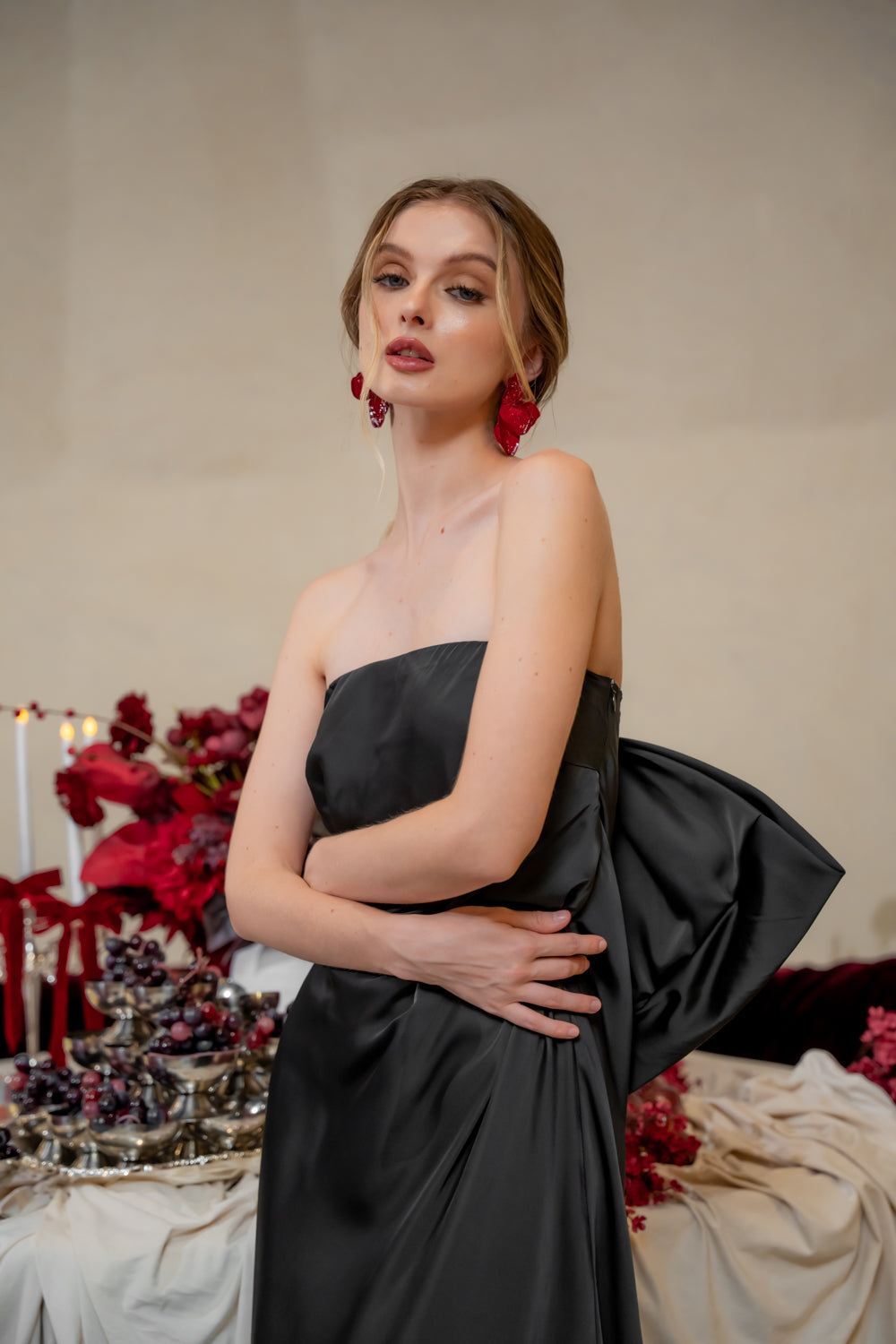 CORDELIA DRESS Bow Back Strapless Silk Midi Dress (Black Silk Crepe)