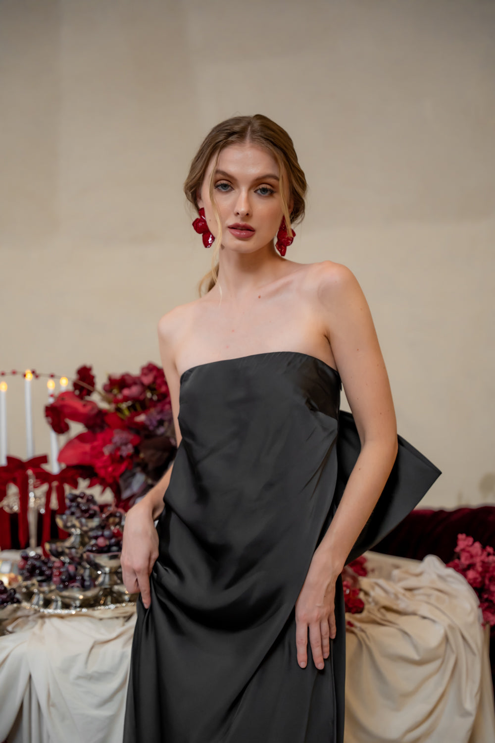 CORDELIA DRESS Bow Back Strapless Silk Midi Dress (Black Silk Crepe)