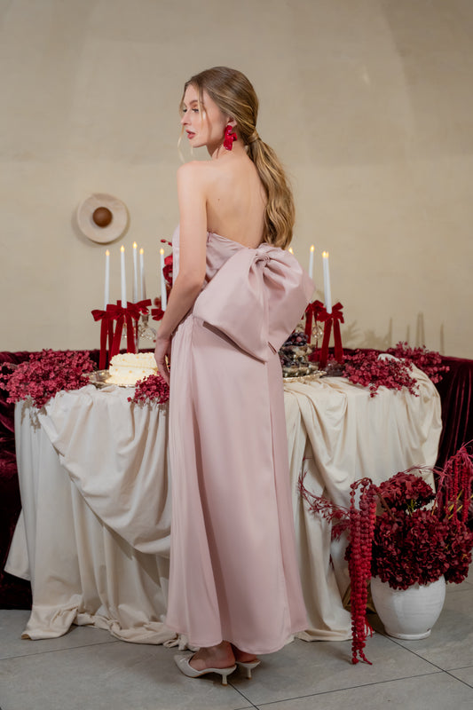 CORDELIA DRESS Bow Back Strapless Silk Midi Dress (Blush Silk Crepe)