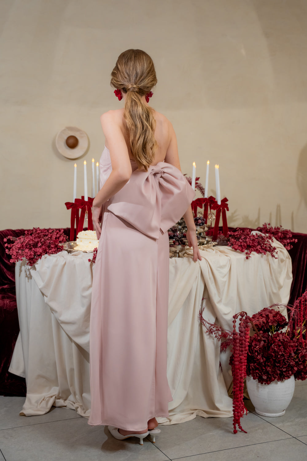 CORDELIA DRESS Bow Back Strapless Silk Midi Dress (Blush Silk Crepe)