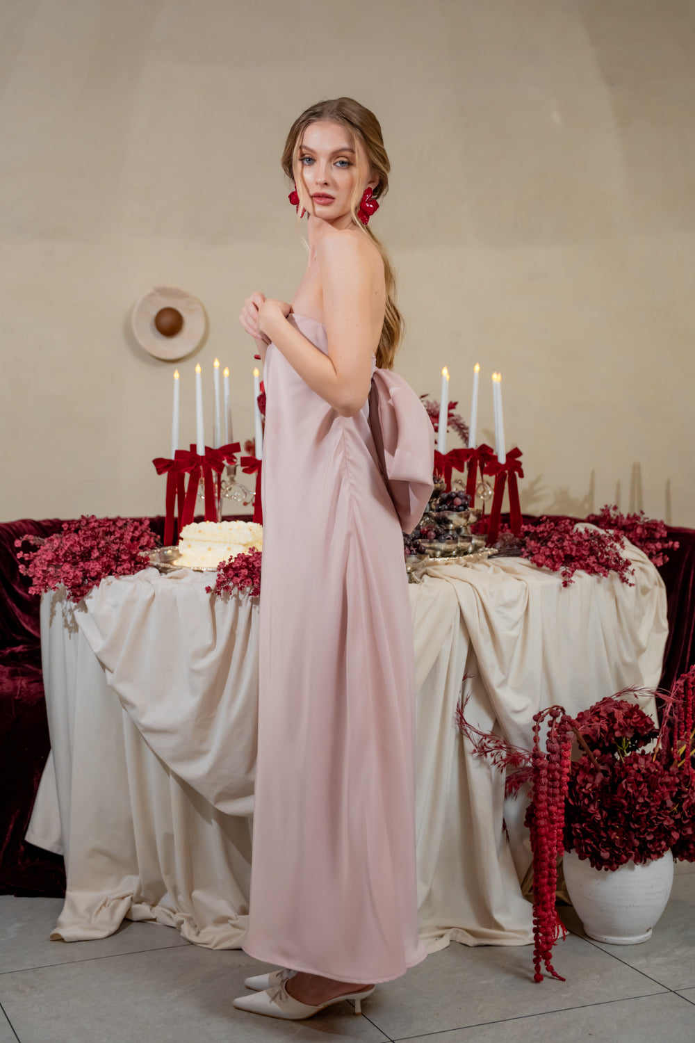 CORDELIA DRESS Bow Back Strapless Silk Midi Dress (Blush Silk Crepe)