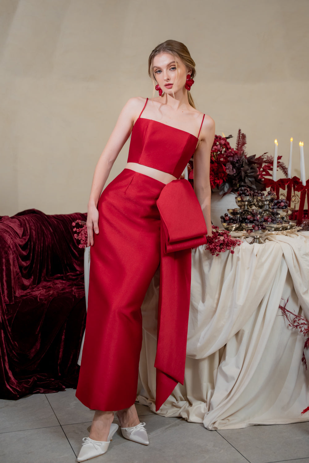 AMBROSIA SET Strappy Top and Side Bow Pencil Skirt (Maroon Gazaar)