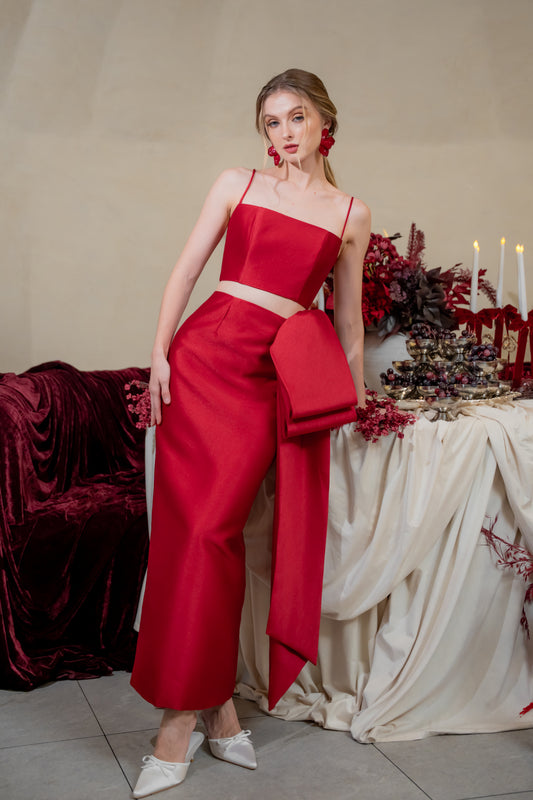 AMBROSIA SET Strappy Top and Side Bow Pencil Skirt (Maroon Gazaar)