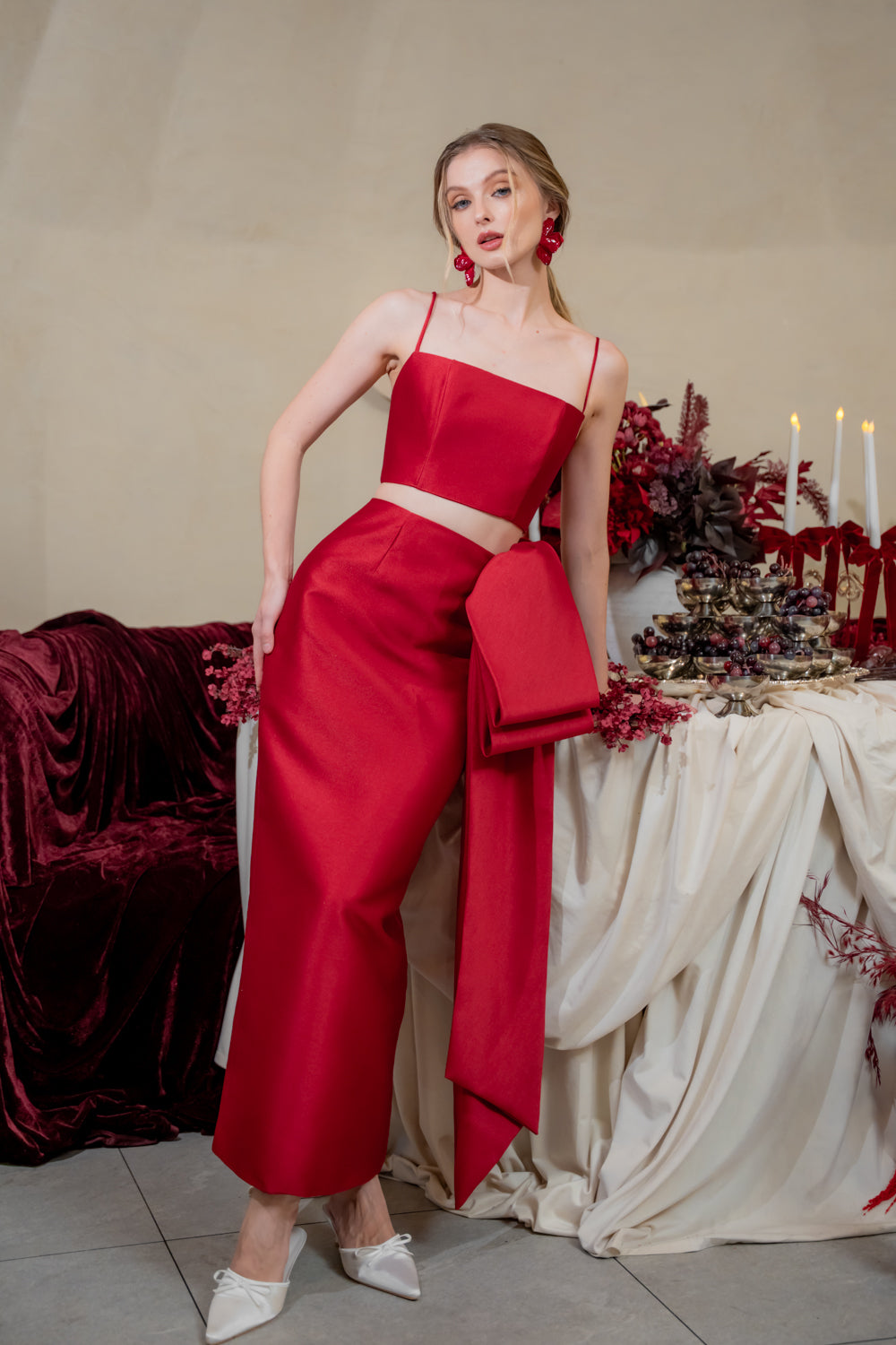 AMBROSIA SET Strappy Top and Side Bow Pencil Skirt (Maroon Gazaar)