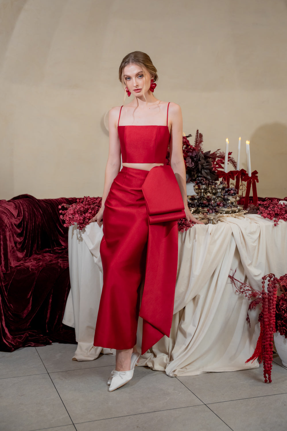 AMBROSIA SET Strappy Top and Side Bow Pencil Skirt (Maroon Gazaar)