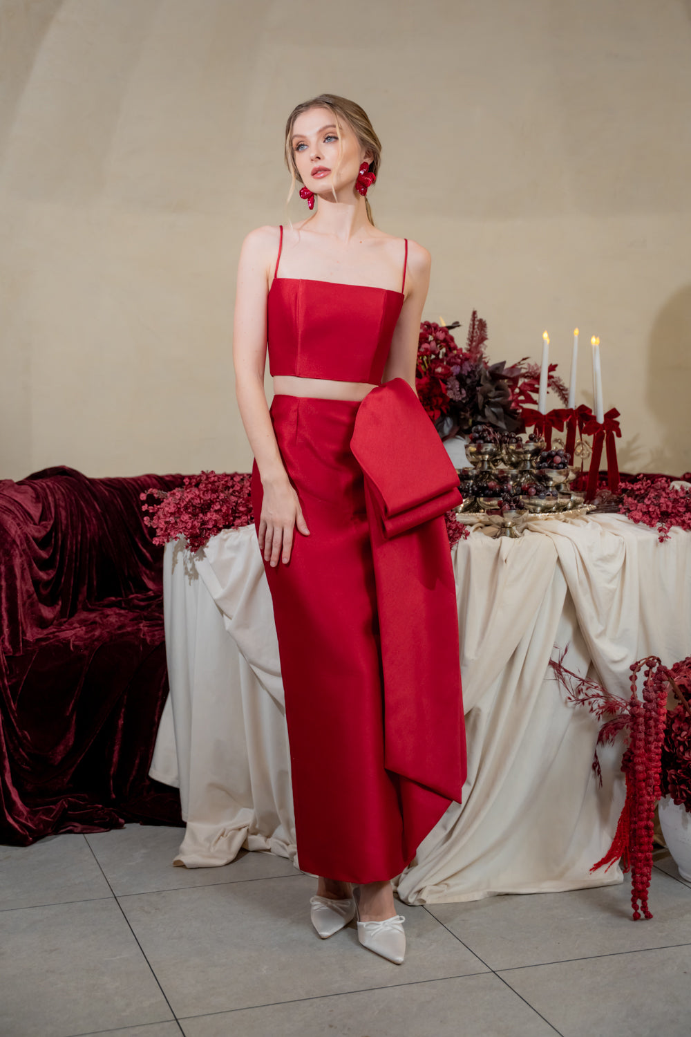 AMBROSIA SET Strappy Top and Side Bow Pencil Skirt (Maroon Gazaar)