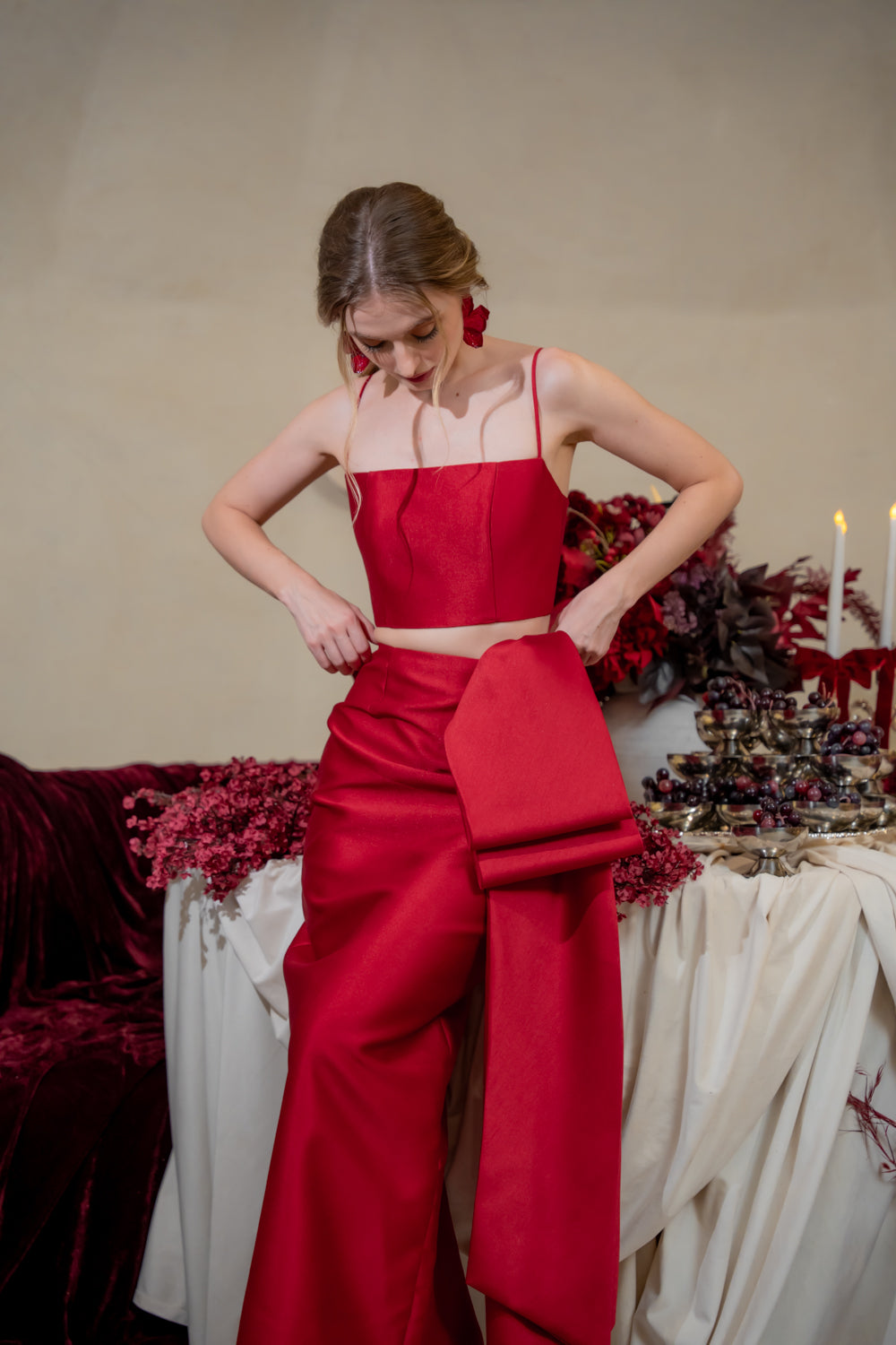 AMBROSIA SET Strappy Top and Side Bow Pencil Skirt (Maroon Gazaar)