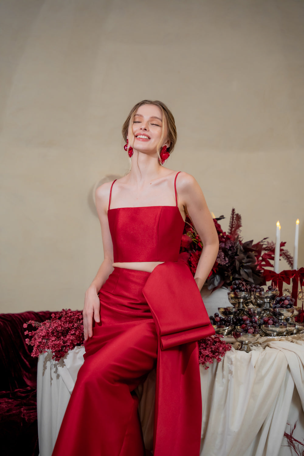 AMBROSIA SET Strappy Top and Side Bow Pencil Skirt (Maroon Gazaar)