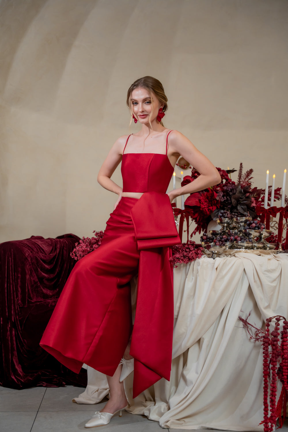 AMBROSIA SET Strappy Top and Side Bow Pencil Skirt (Maroon Gazaar)