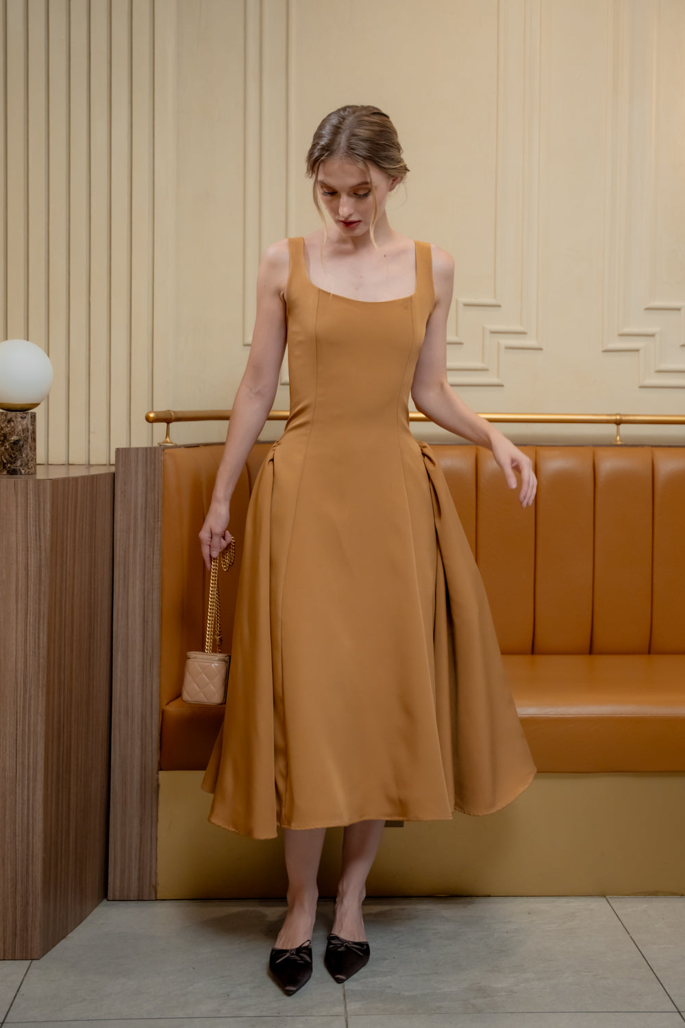 ARABELLA DRESS Sleeveless Midi Dress with Shirred Side Skirt (Brown Neocrepe)