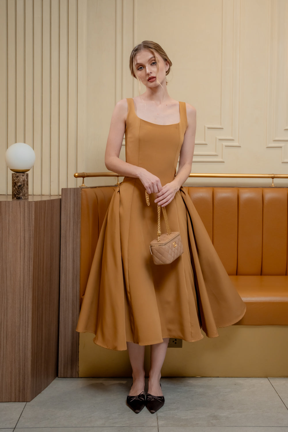 ARABELLA DRESS Sleeveless Midi Dress with Shirred Side Skirt (Brown Neocrepe)