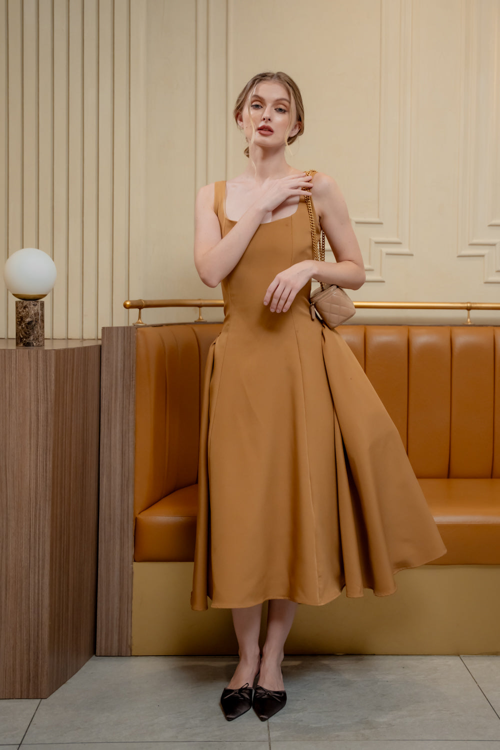 ARABELLA DRESS Sleeveless Midi Dress with Shirred Side Skirt (Brown Neocrepe)