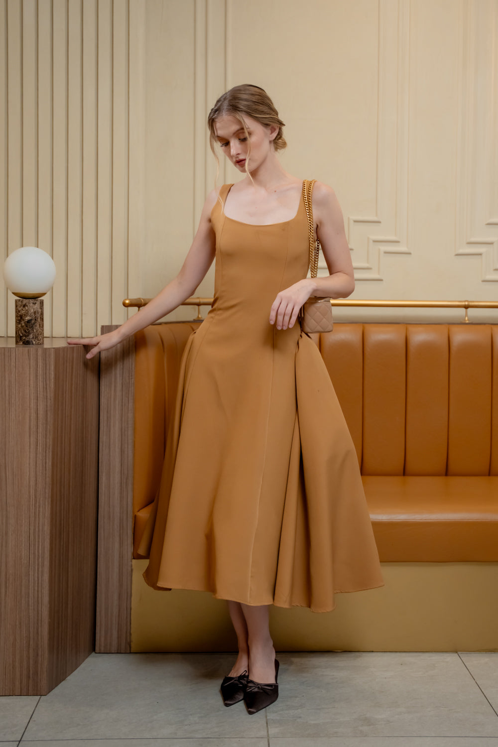 ARABELLA DRESS Sleeveless Midi Dress with Shirred Side Skirt (Brown Neocrepe)