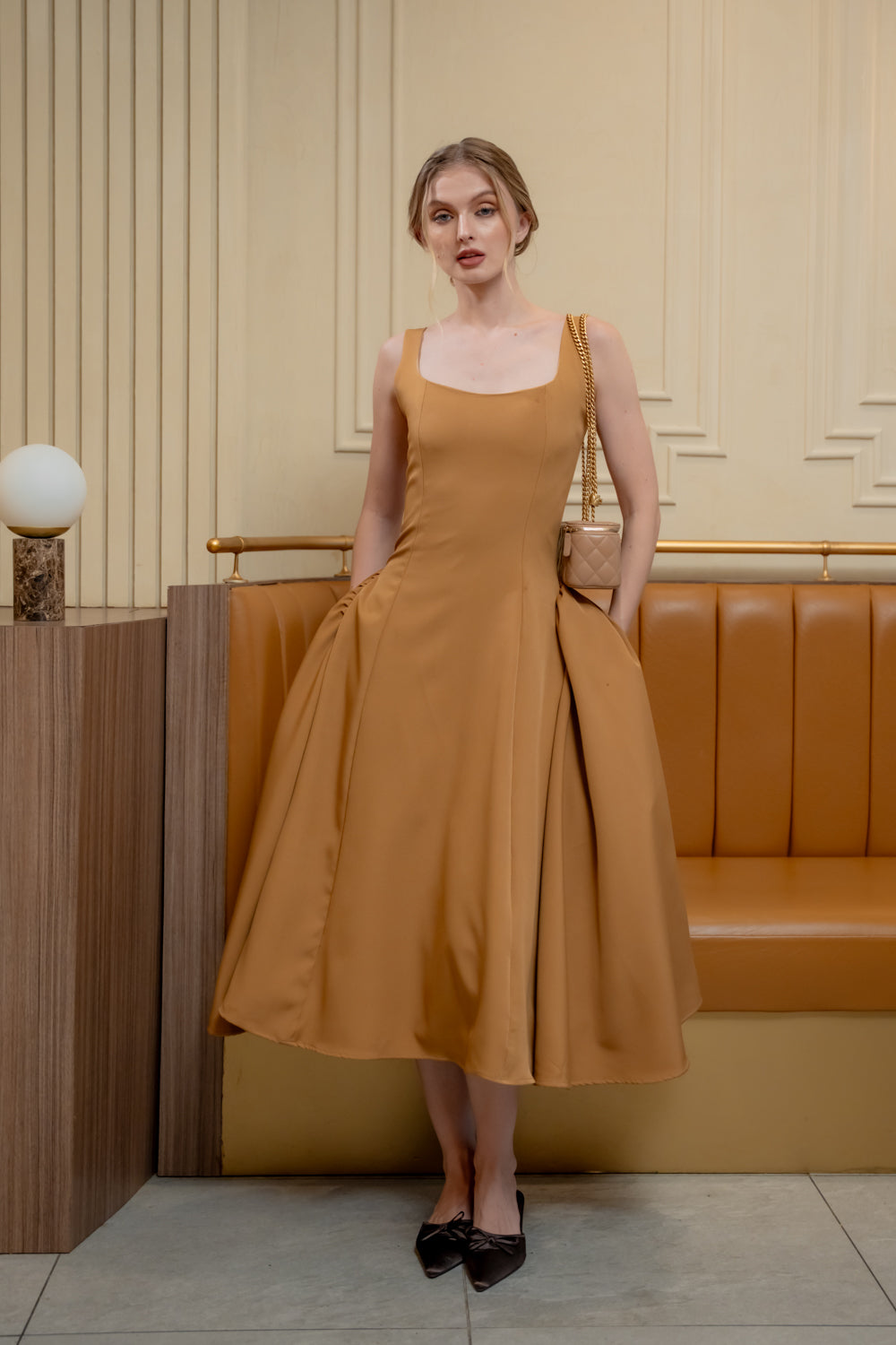 ARABELLA DRESS Sleeveless Midi Dress with Shirred Side Skirt (Brown Neocrepe)