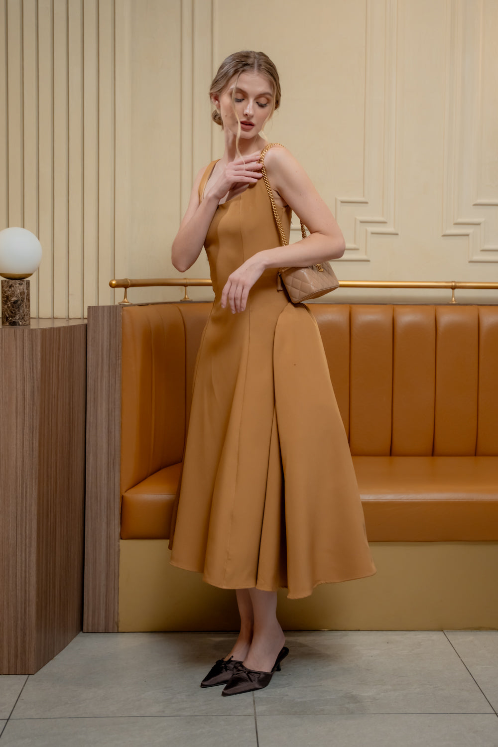 ARABELLA DRESS Sleeveless Midi Dress with Shirred Side Skirt (Brown Neocrepe)