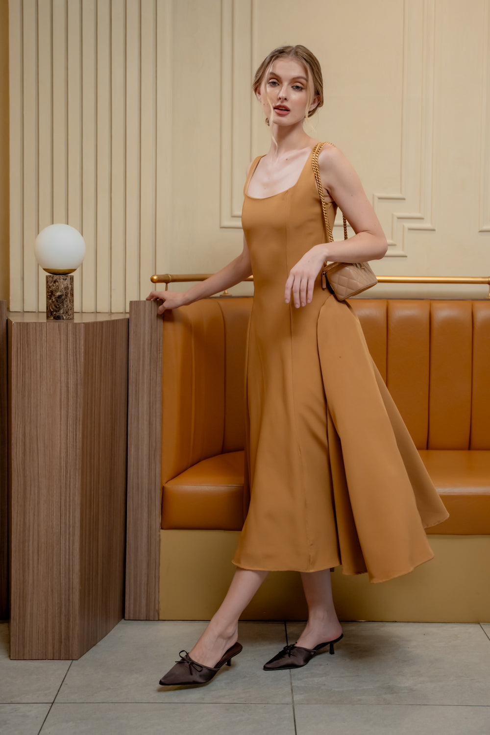 ARABELLA DRESS Sleeveless Midi Dress with Shirred Side Skirt (Brown Neocrepe)