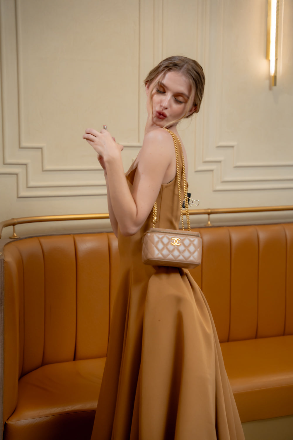 ARABELLA DRESS Sleeveless Midi Dress with Shirred Side Skirt (Brown Neocrepe)