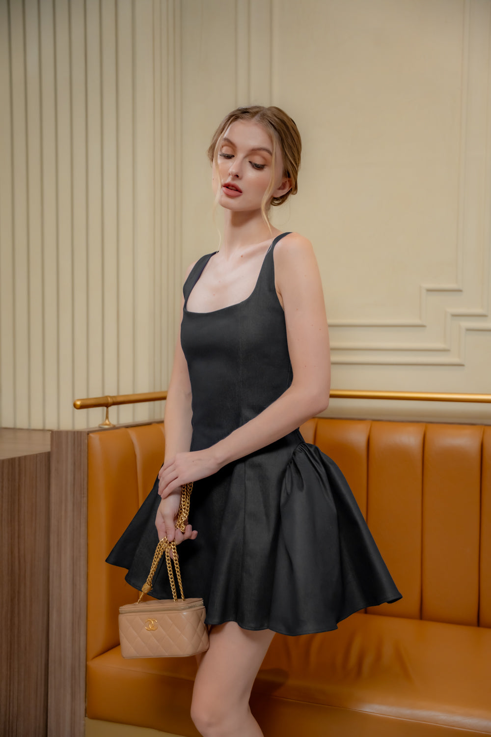 AMAYA DRESS Sleeveless Mini Dress with Shirred Side Skirt (Dark Denim)