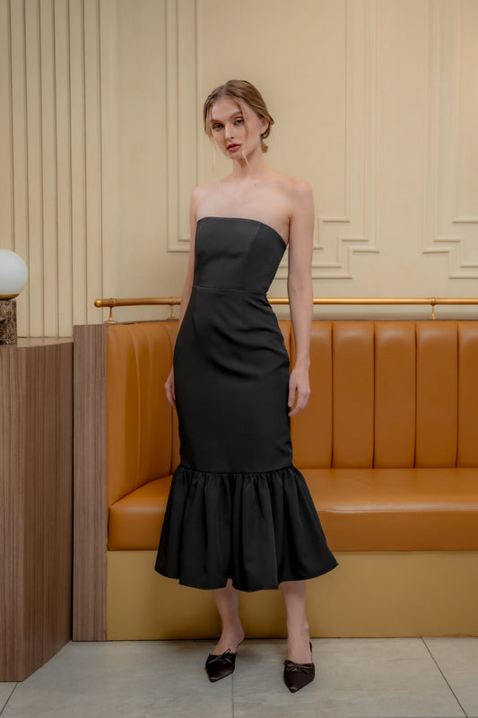 AMANDINE DRESS Strapless Midi Dress with Ruffle Hem (Black Neocrepe)