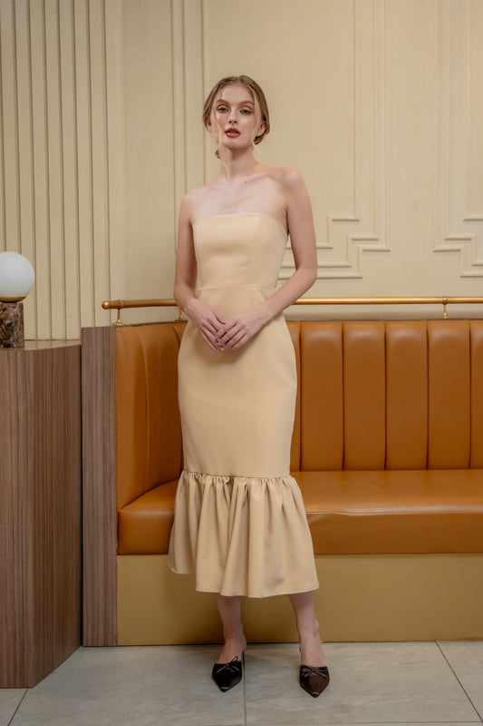 AMANDINE DRESS Strapless Midi Dress with Ruffle Hem (Nude Neocrepe)