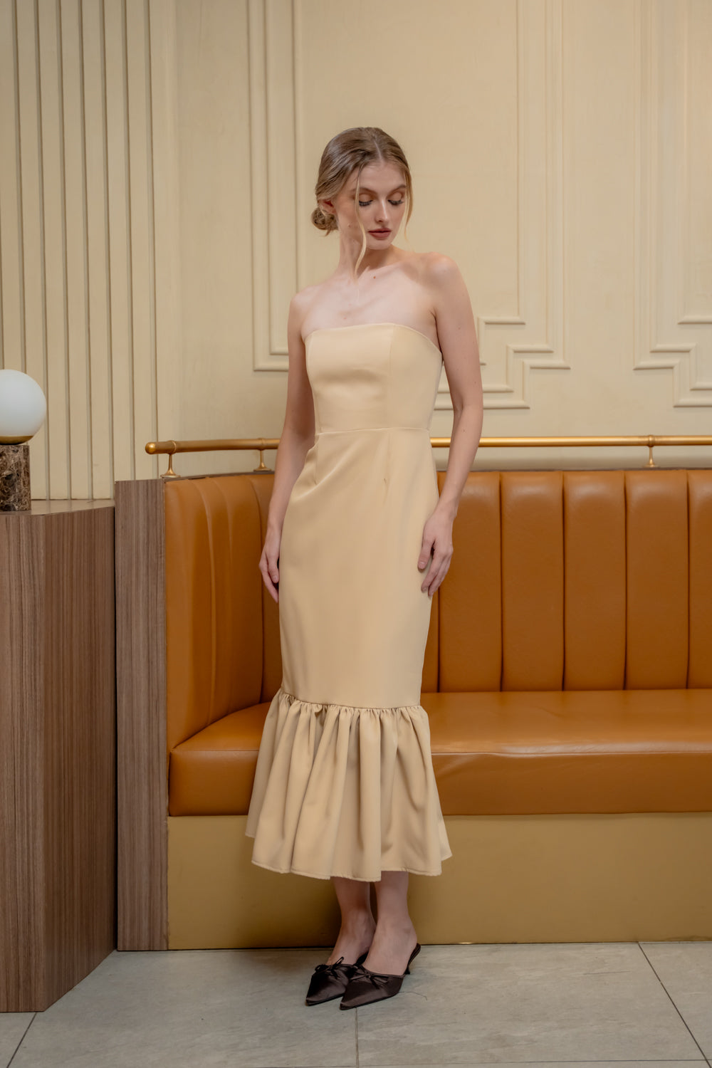 AMANDINE DRESS Strapless Midi Dress with Ruffle Hem (Nude Neocrepe)