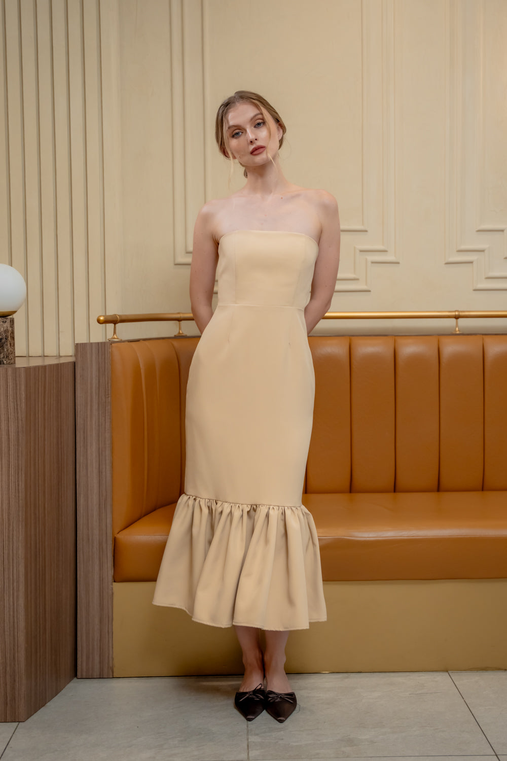 AMANDINE DRESS Strapless Midi Dress with Ruffle Hem (Nude Neocrepe)