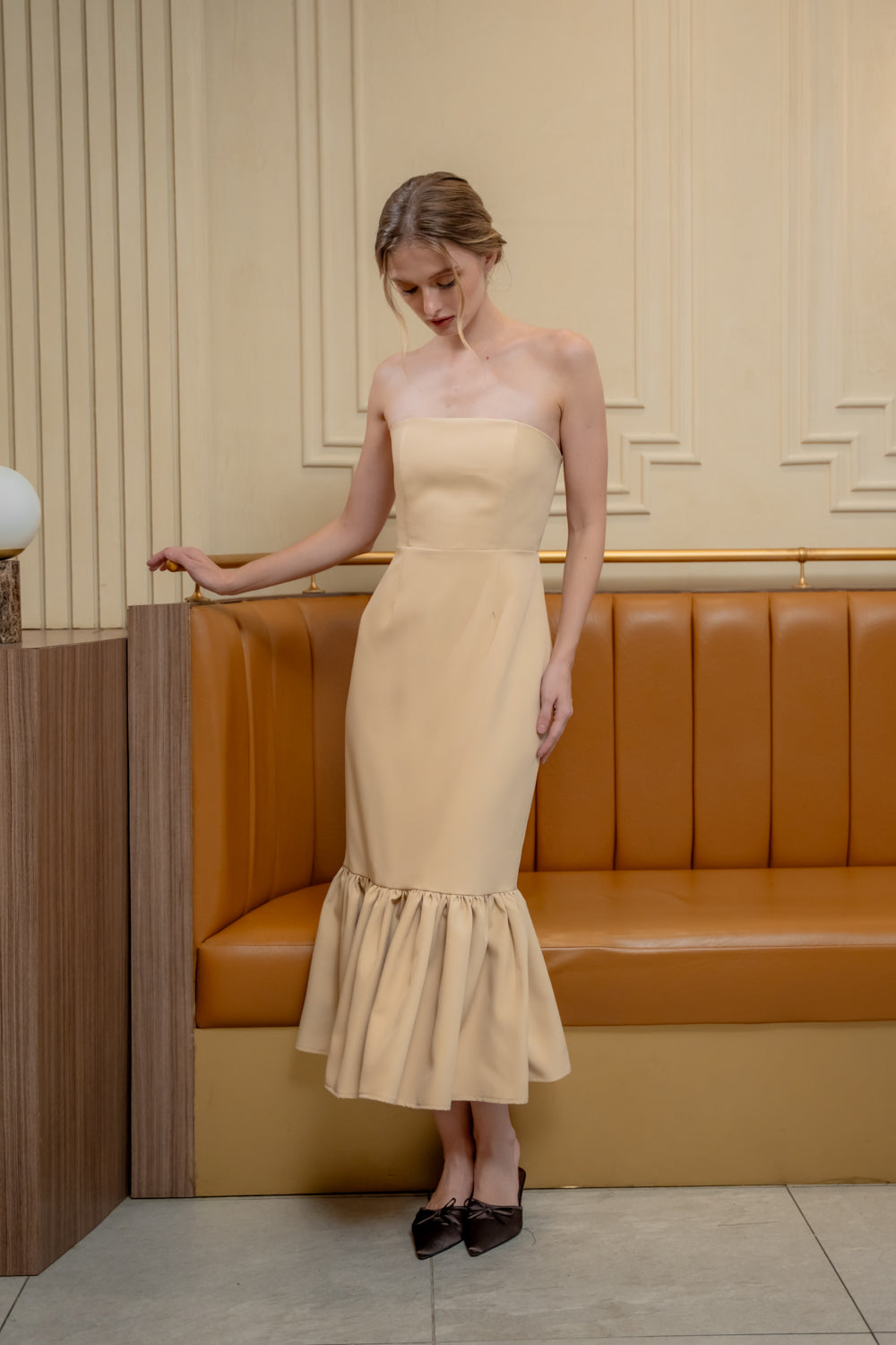 AMANDINE DRESS Strapless Midi Dress with Ruffle Hem (Nude Neocrepe)