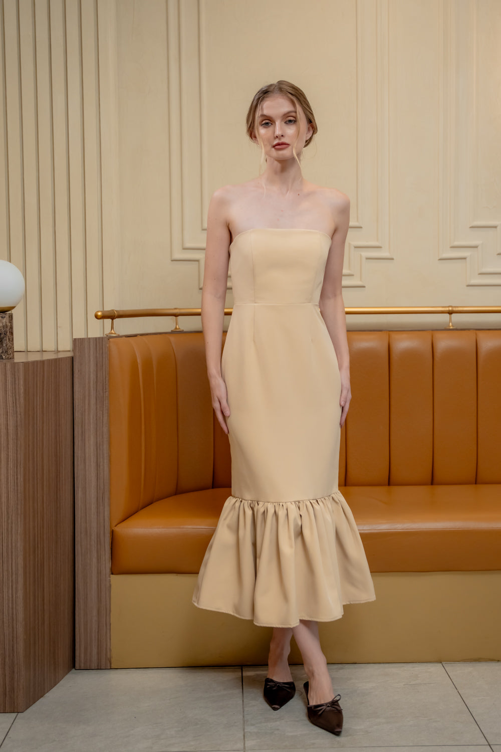 AMANDINE DRESS Strapless Midi Dress with Ruffle Hem (Nude Neocrepe)