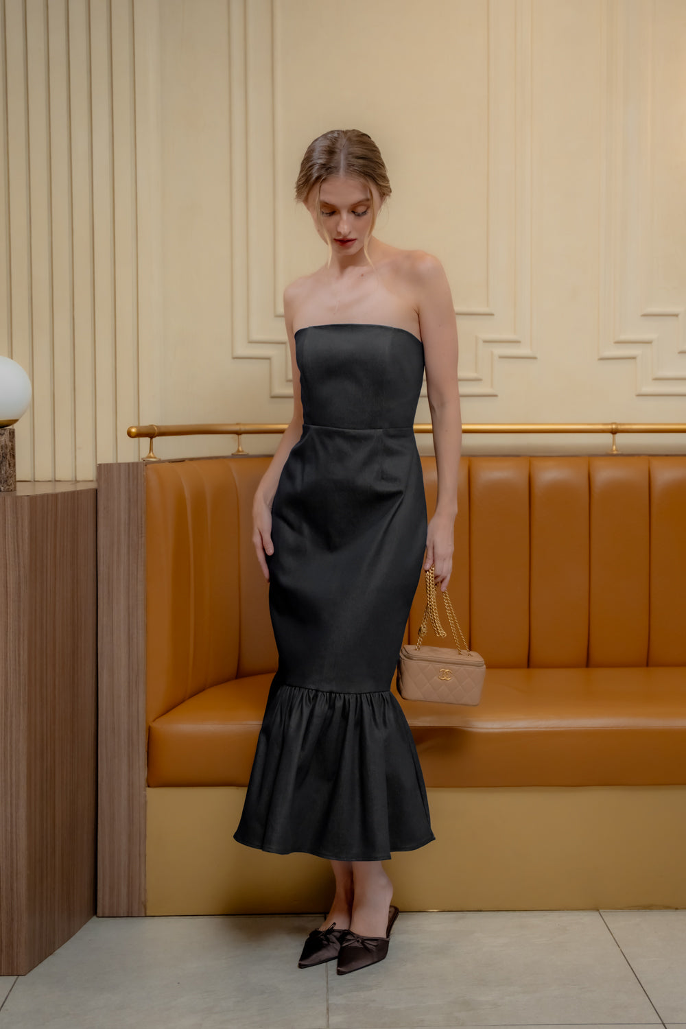 AMANDINE DRESS Strapless Midi Dress with Ruffle Hem (Dark Denim)