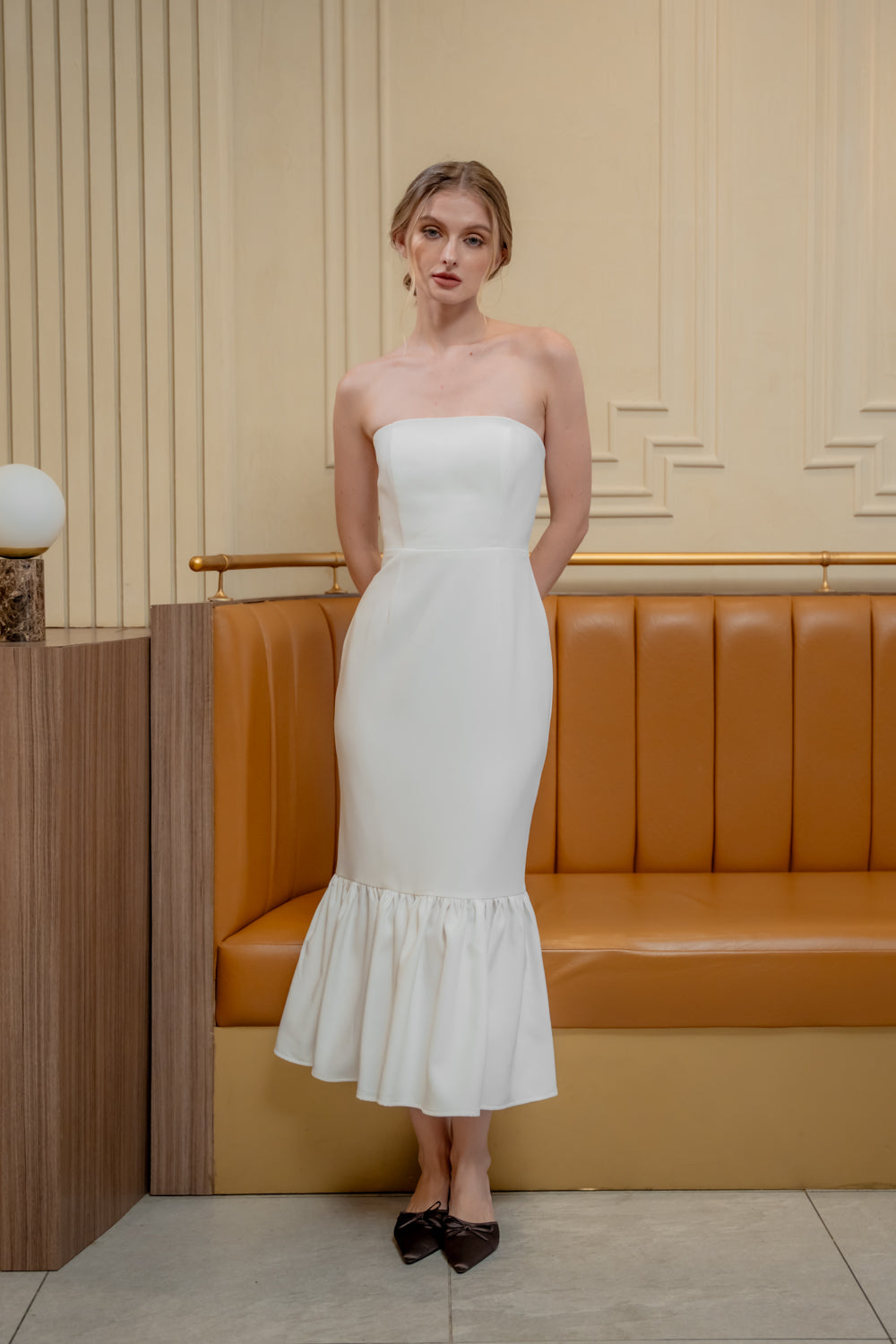 AMANDINE DRESS Strapless Midi Dress with Ruffle Hem (White Neocrepe)