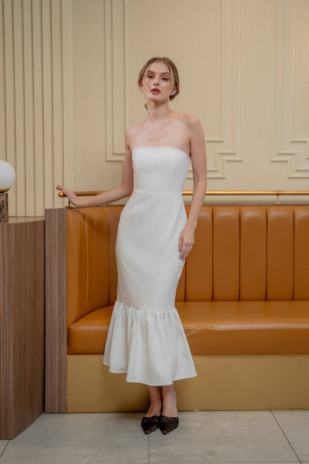 AMANDINE DRESS Strapless Midi Dress with Ruffle Hem (White Neocrepe)