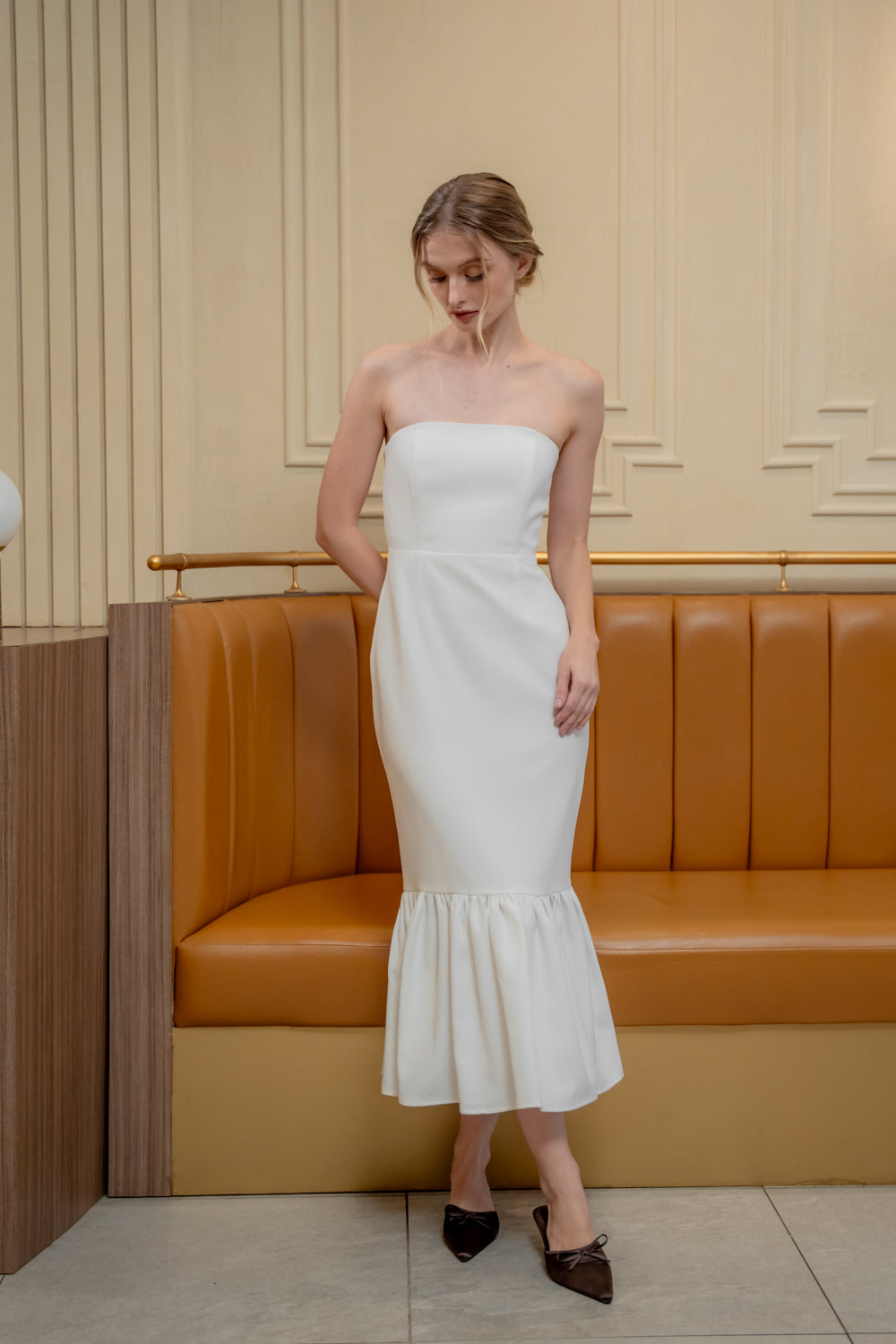 AMANDINE DRESS Strapless Midi Dress with Ruffle Hem (White Neocrepe)