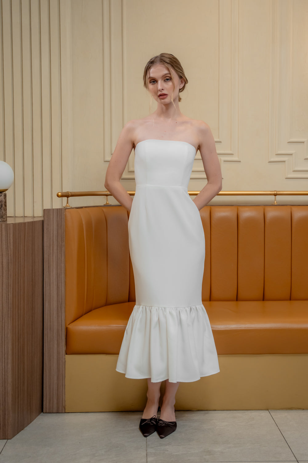 AMANDINE DRESS Strapless Midi Dress with Ruffle Hem (White Neocrepe)