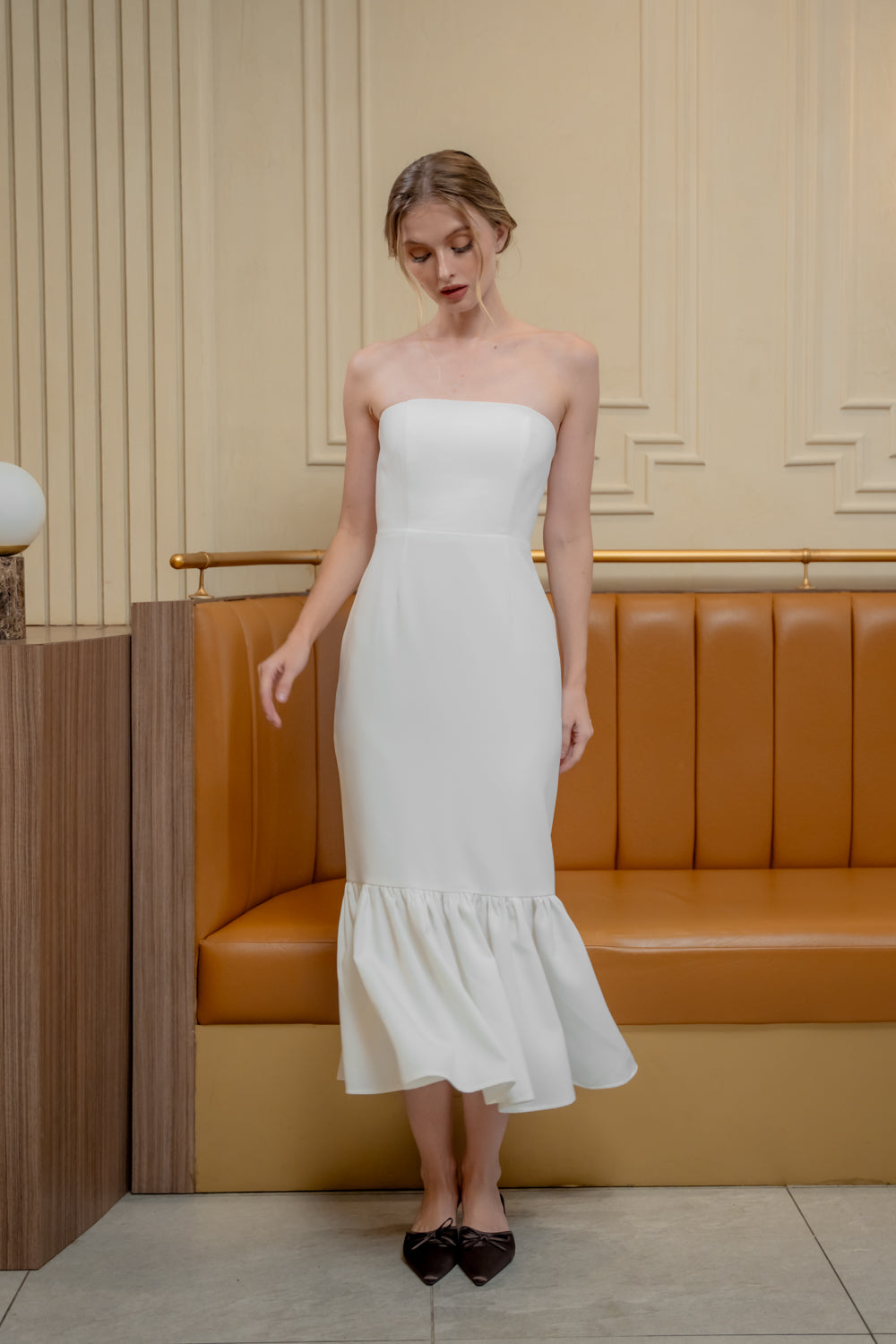 AMANDINE DRESS Strapless Midi Dress with Ruffle Hem (White Neocrepe)