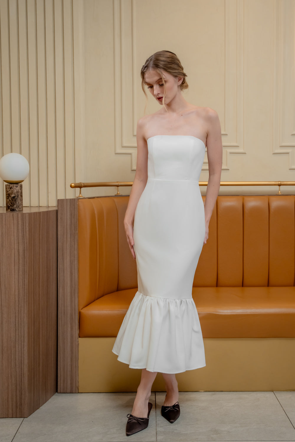 AMANDINE DRESS Strapless Midi Dress with Ruffle Hem (White Neocrepe)