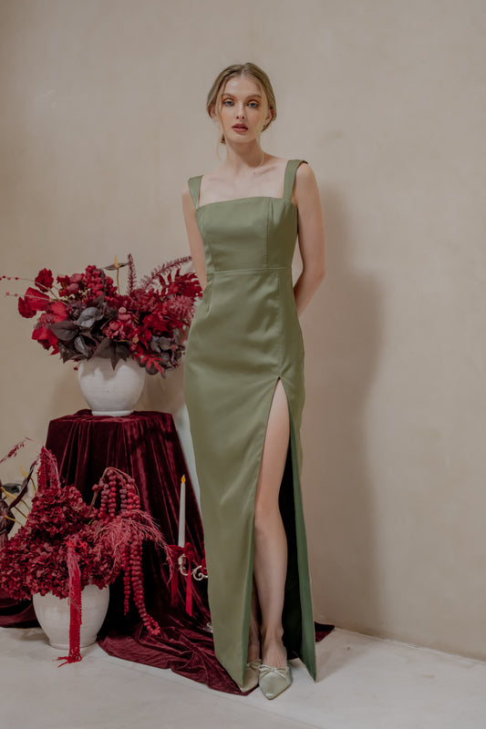 MANUELA Strappy Straight Cut Maxi with Sllk (Dark Olive Korean Silk)