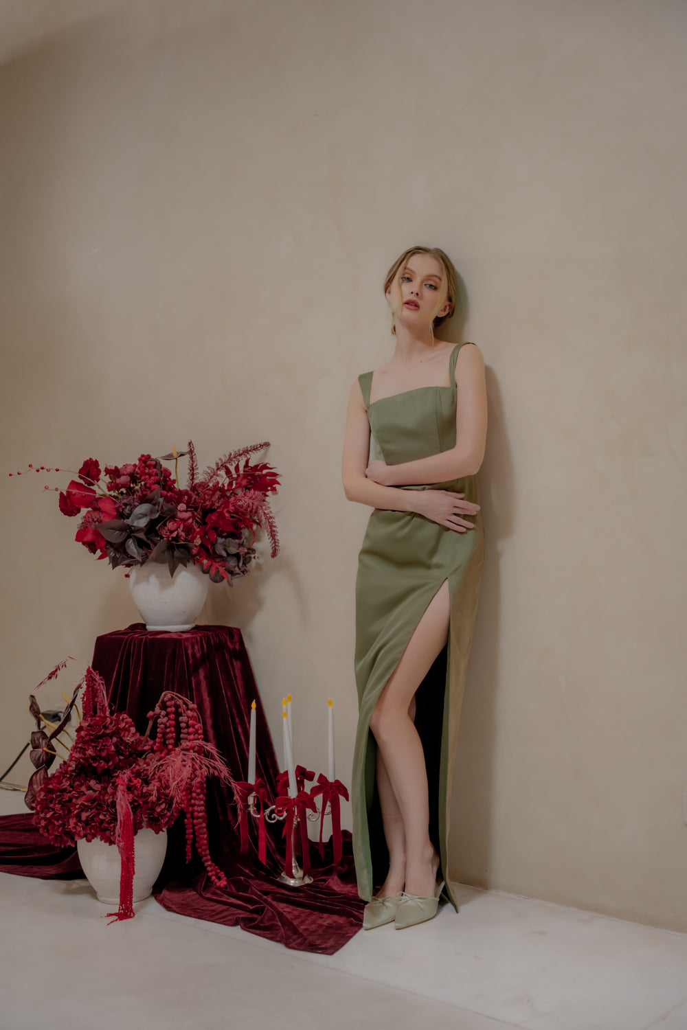 MANUELA Strappy Straight Cut Maxi with Sllk (Dark Olive Korean Silk)