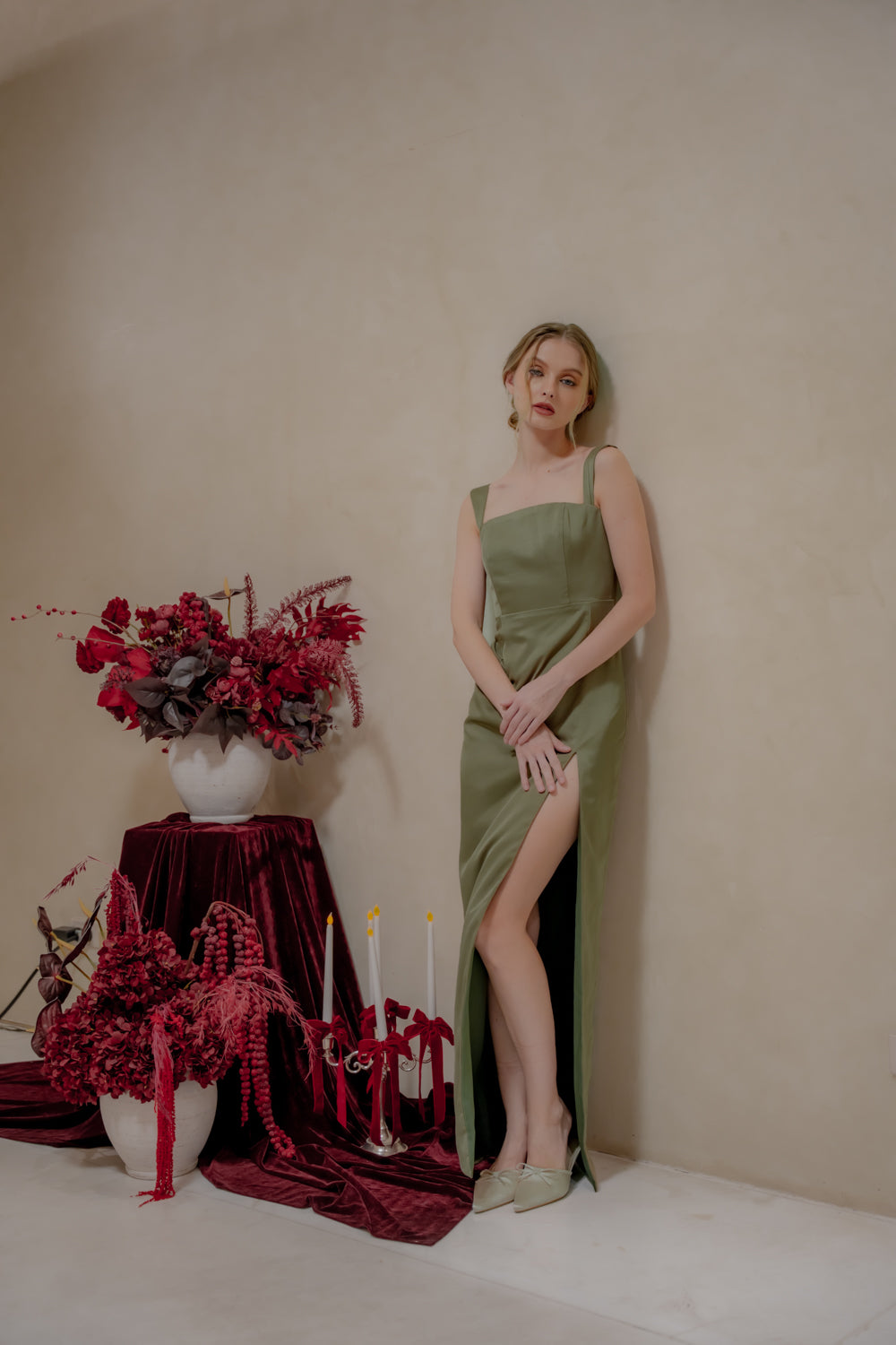 MANUELA Strappy Straight Cut Maxi with Sllk (Dark Olive Korean Silk)