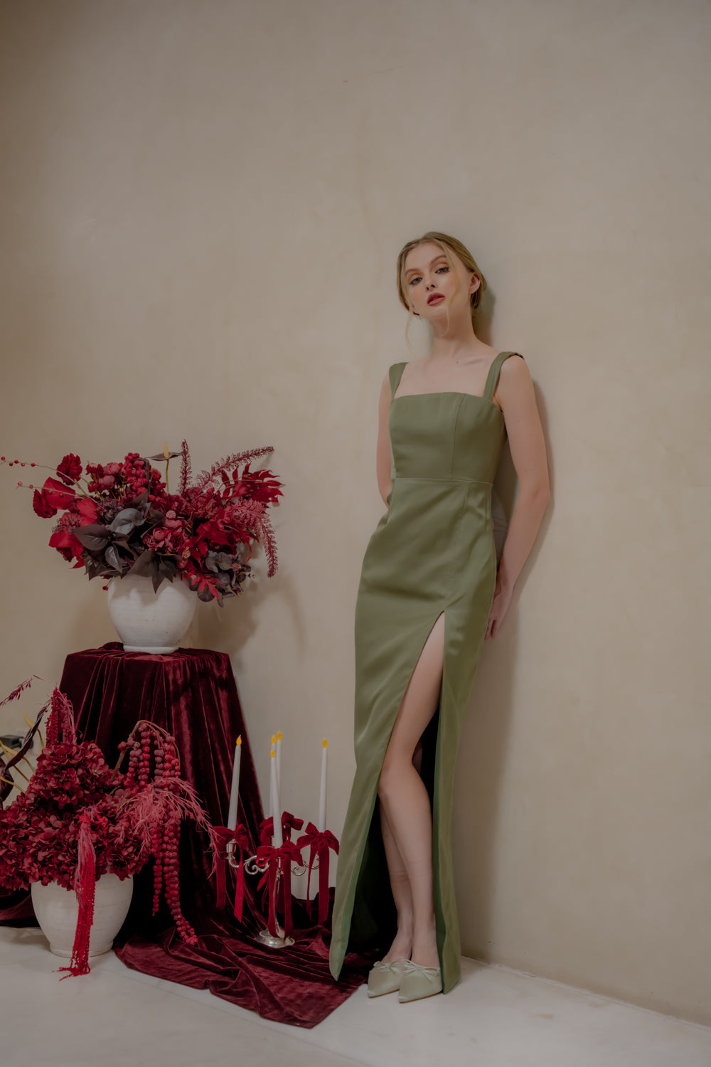 MANUELA Strappy Straight Cut Maxi with Sllk (Dark Olive Korean Silk)