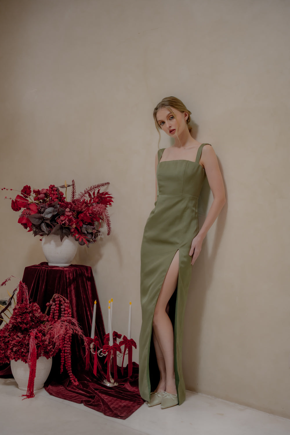 MANUELA Strappy Straight Cut Maxi with Sllk (Dark Olive Korean Silk)