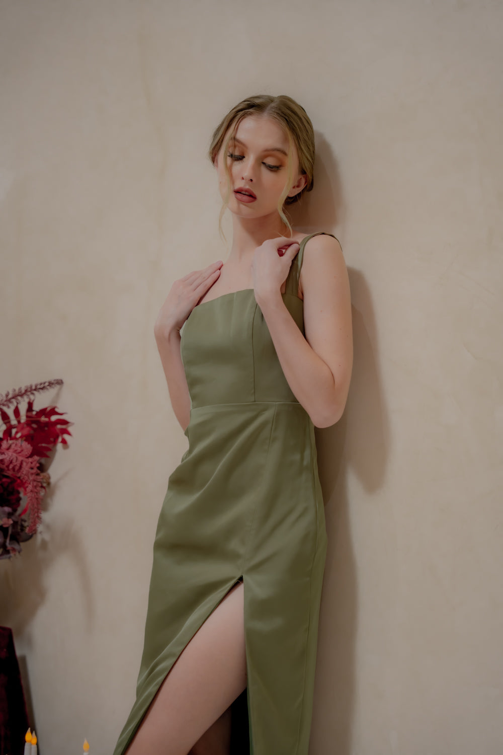 MANUELA Strappy Straight Cut Maxi with Sllk (Dark Olive Korean Silk)
