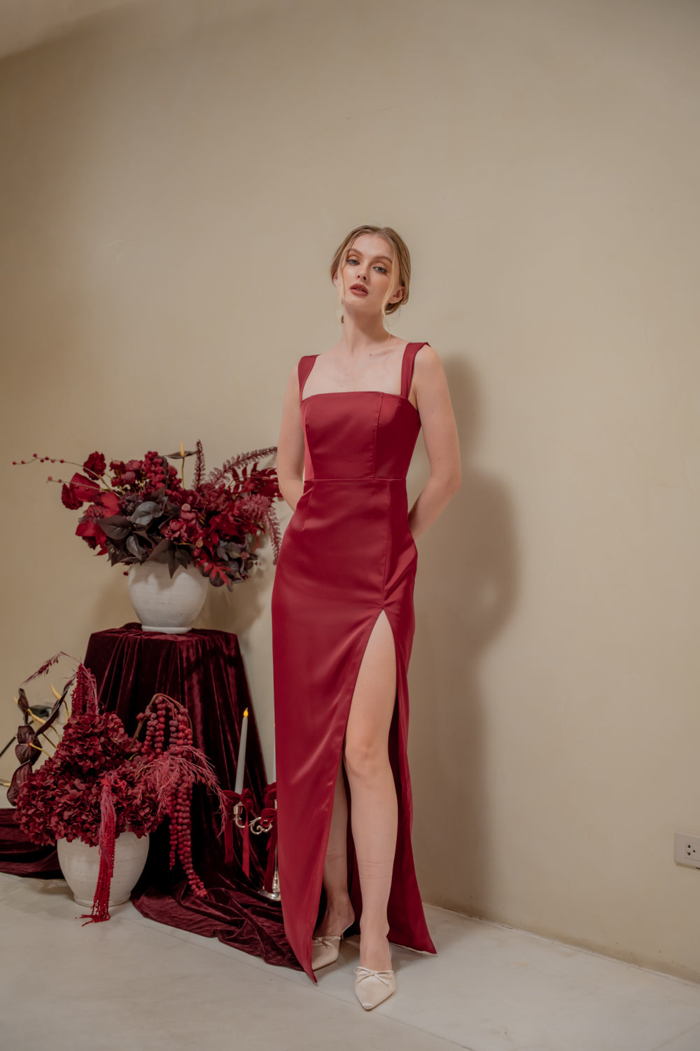 MANUELA Strappy Straight Cut Maxi with Sllk (Maroon Korean SIlk)