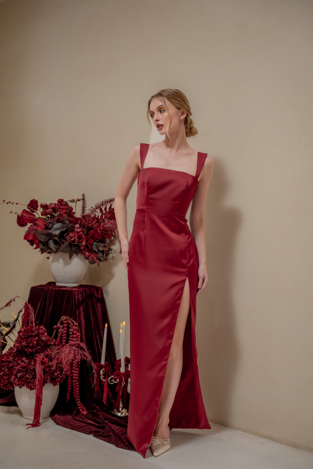 MANUELA Strappy Straight Cut Maxi with Sllk (Maroon Korean SIlk)